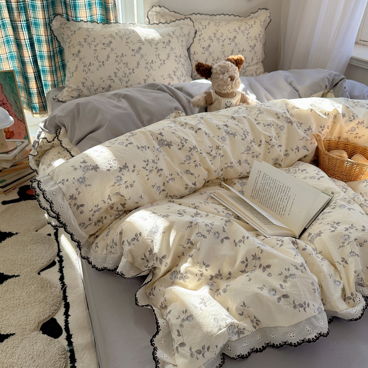 91家纺网 家纺一手货源 找家纺 凯洛奇 2026新款仿棉古法水洗棉复古法式花边四件套 花漫里