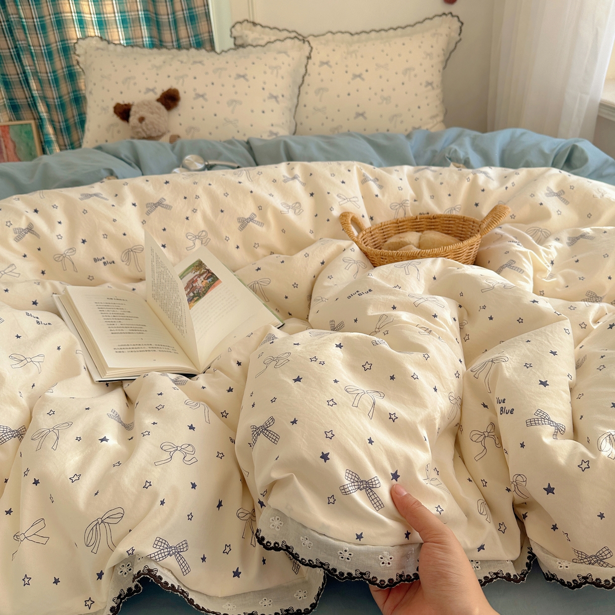 91家纺网 家纺一手货源 找家纺 凯洛奇 2026新款仿棉古法水洗棉复古法式花边四件套 蝴蝶结