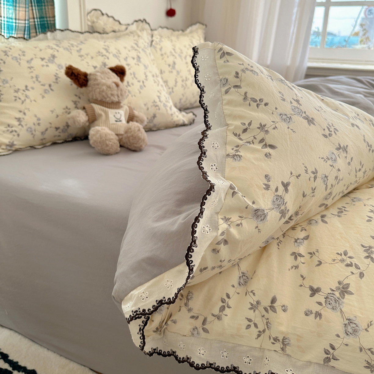 91家纺网 家纺一手货源 找家纺 凯洛奇 2026新款仿棉古法水洗棉复古法式花边四件套 花漫里