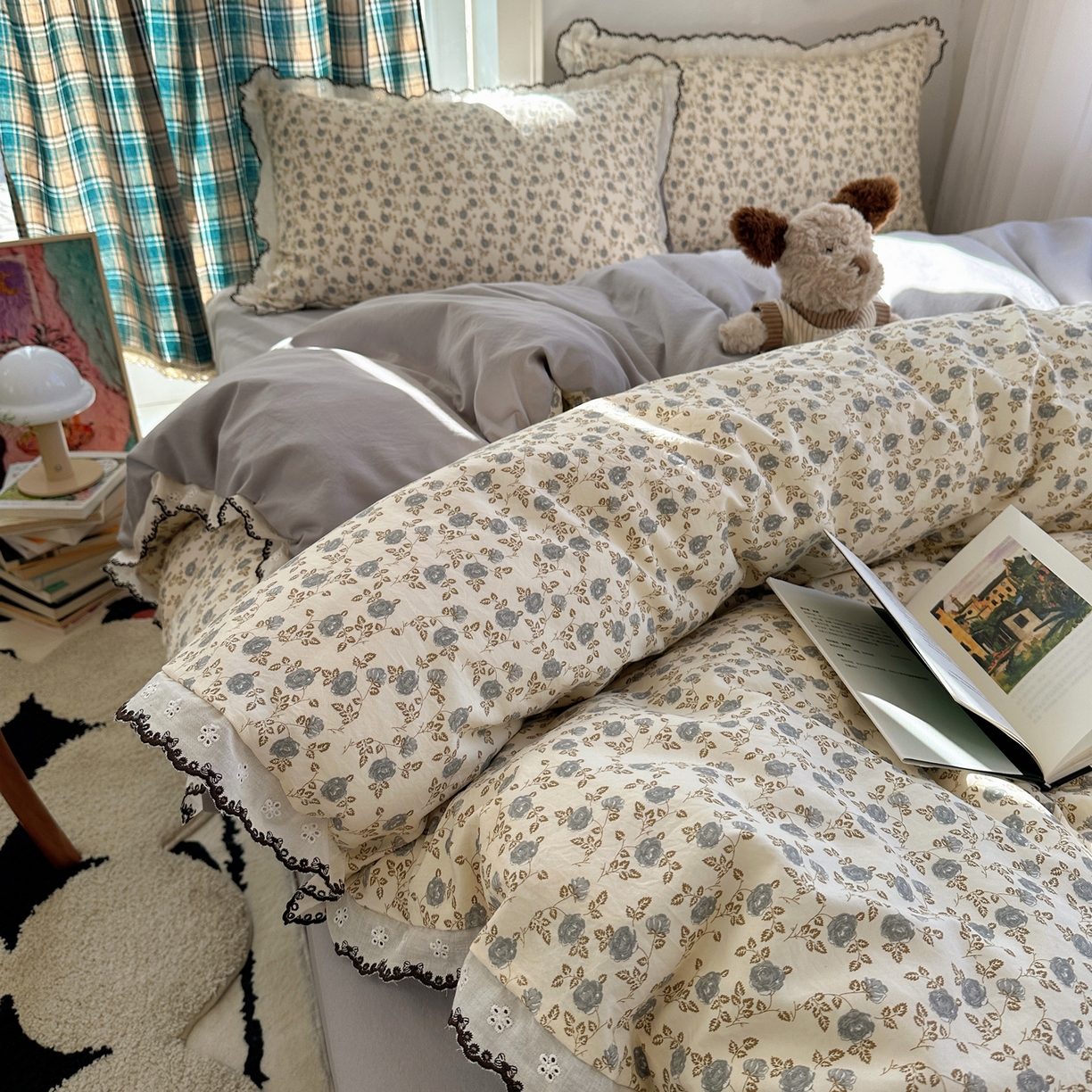 91家纺网 家纺一手货源 找家纺 凯洛奇 2026新款仿棉古法水洗棉复古法式花边四件套 花春晓