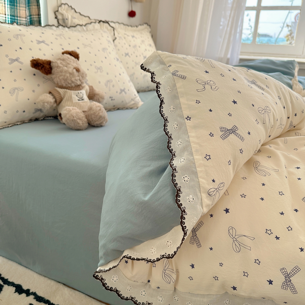 91家纺网 家纺一手货源 找家纺 凯洛奇 2026新款仿棉古法水洗棉复古法式花边四件套 蝴蝶结