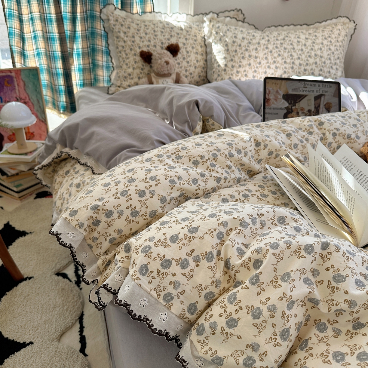 91家纺网 家纺一手货源 找家纺 凯洛奇 2026新款仿棉古法水洗棉复古法式花边四件套 花春晓