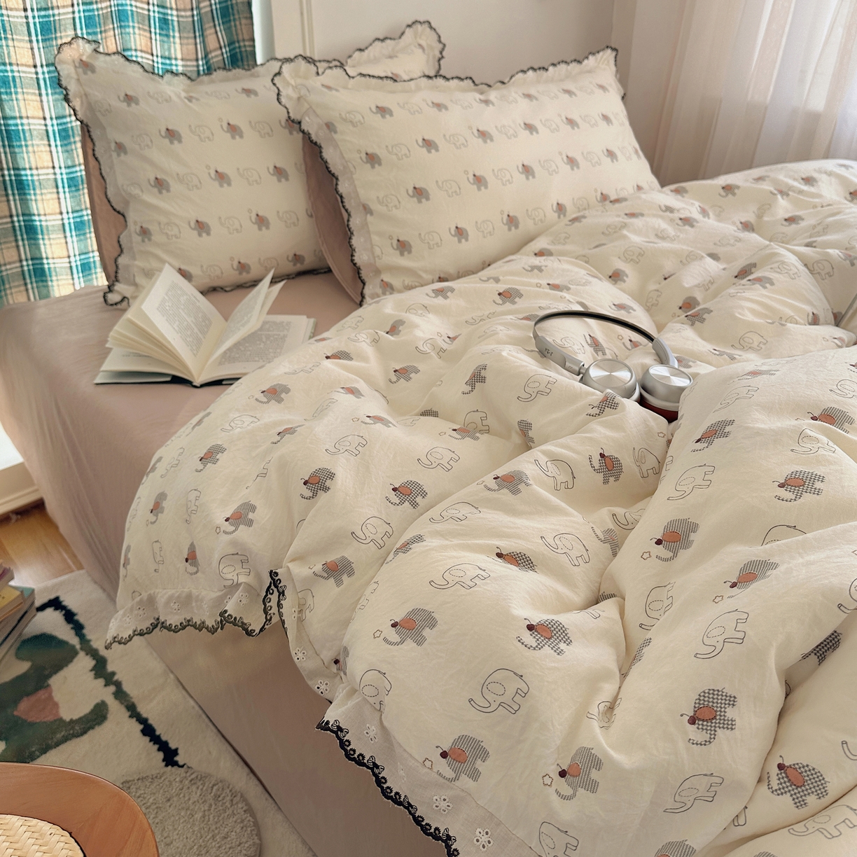 91家纺网 家纺一手货源 找家纺 凯洛奇 2026新款仿棉古法水洗棉复古法式花边四件套 萌趣象