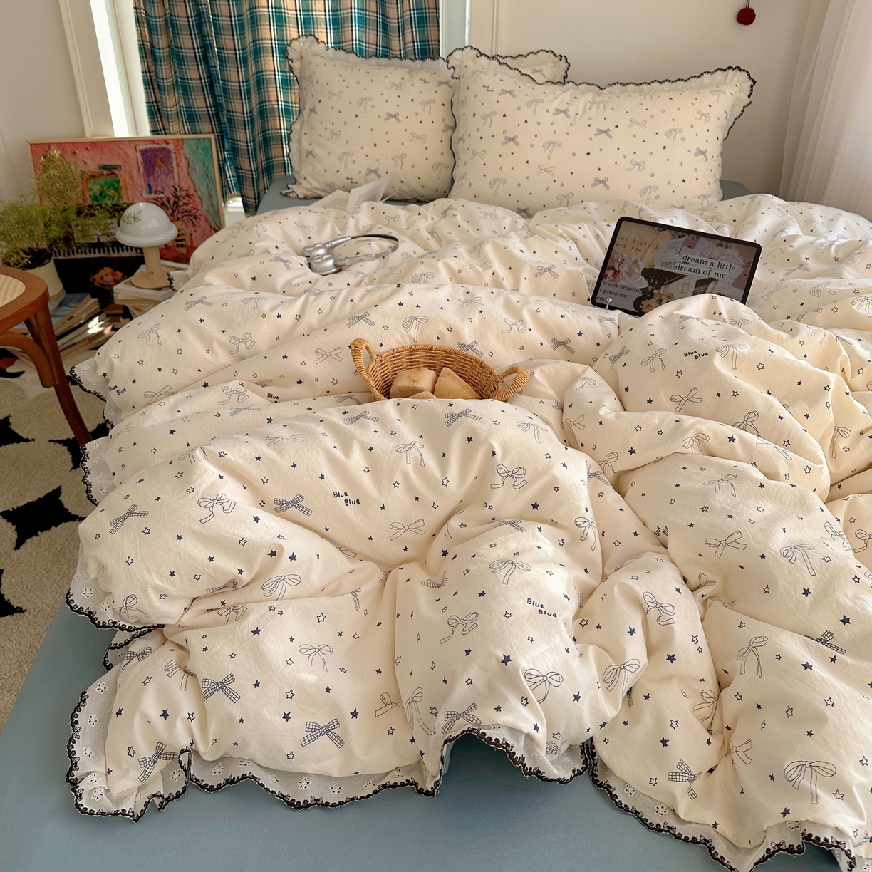 91家纺网 家纺一手货源 找家纺 凯洛奇 2026新款仿棉古法水洗棉复古法式花边四件套 蝴蝶结