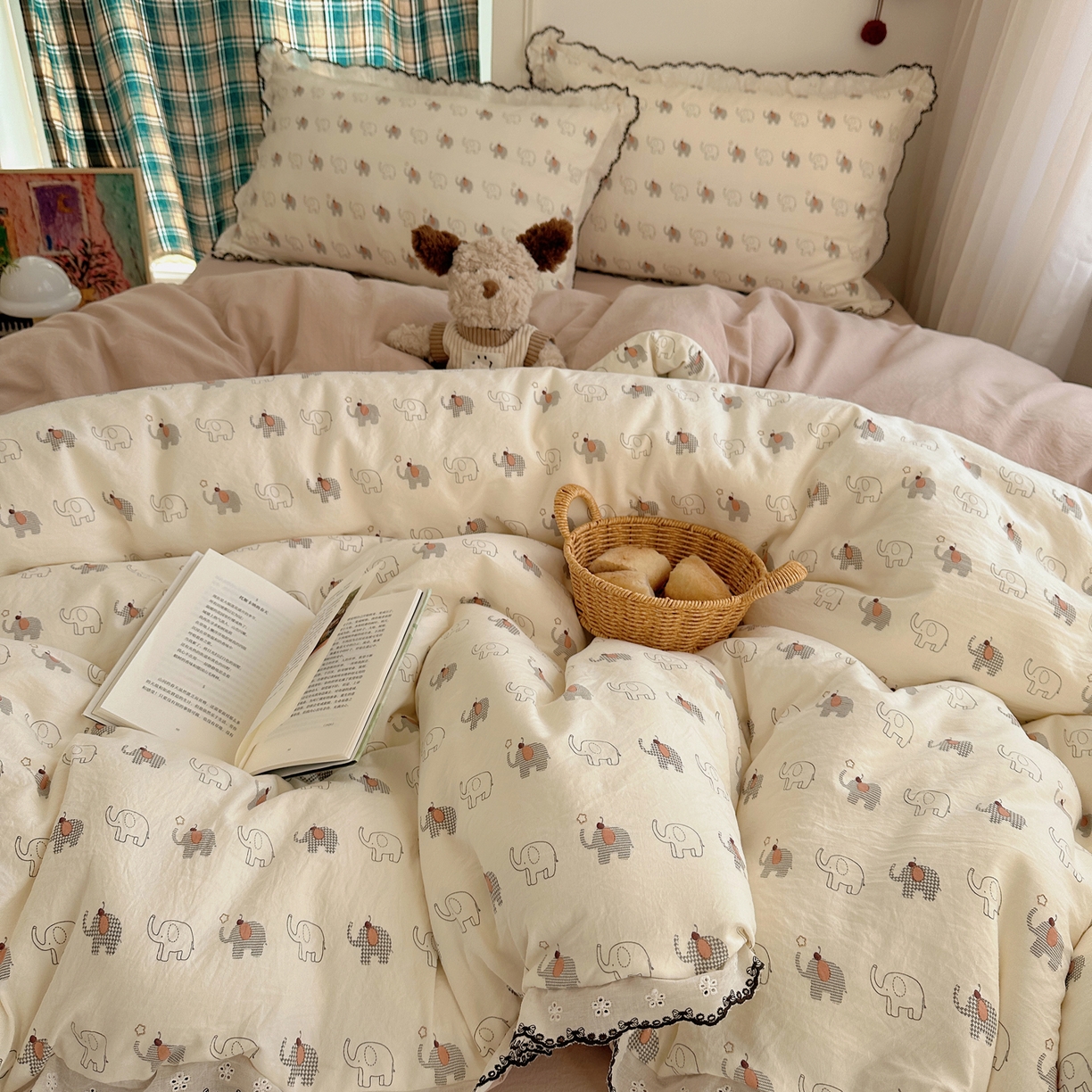 91家纺网 家纺一手货源 找家纺 凯洛奇 2026新款仿棉古法水洗棉复古法式花边四件套 萌趣象