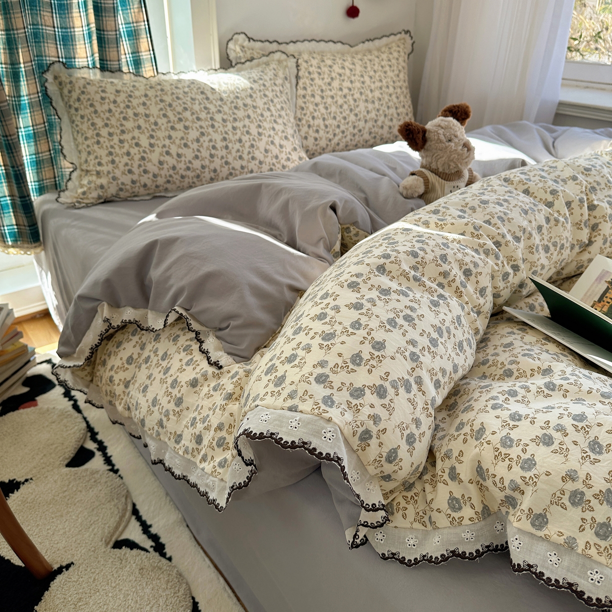 91家纺网 家纺一手货源 找家纺 凯洛奇 2026新款仿棉古法水洗棉复古法式花边四件套 花春晓