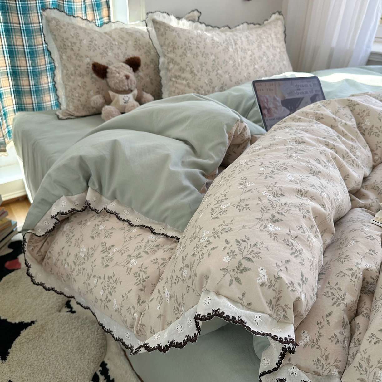 91家纺网 家纺一手货源 找家纺 凯洛奇 2026新款仿棉古法水洗棉复古法式花边四件套 春风里