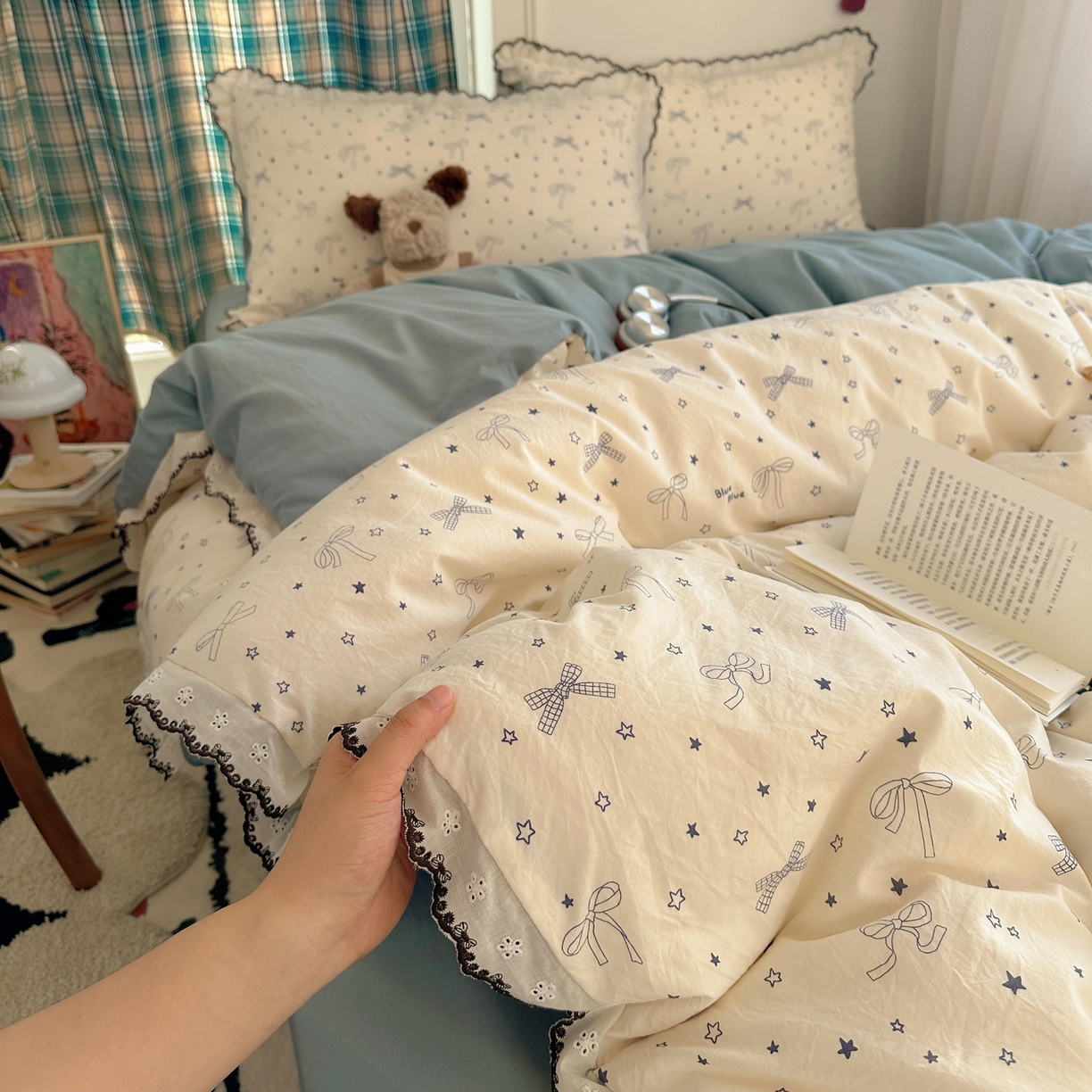 91家纺网 家纺一手货源 找家纺 凯洛奇 2026新款仿棉古法水洗棉复古法式花边四件套 蝴蝶结