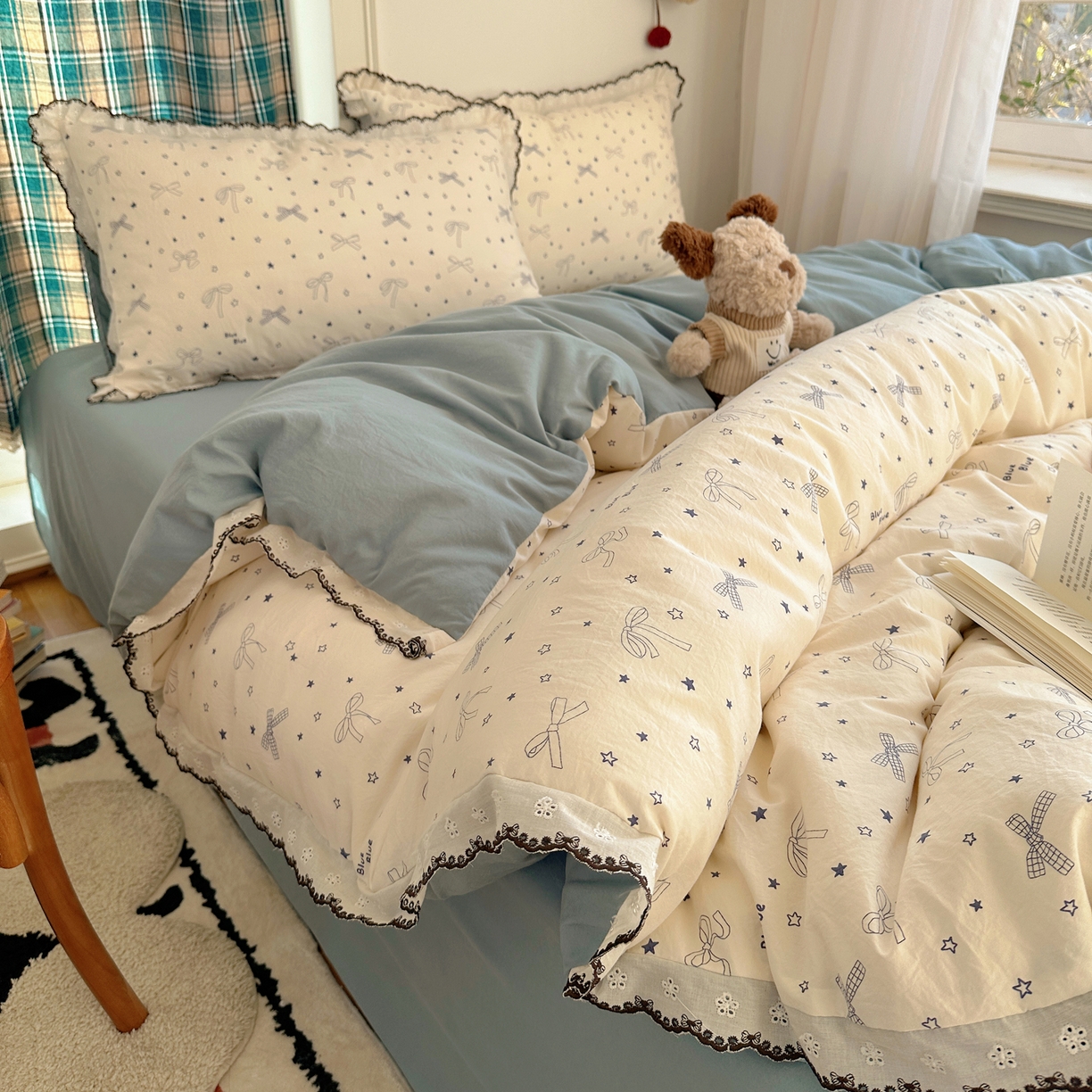 91家纺网 家纺一手货源 找家纺 凯洛奇 2026新款仿棉古法水洗棉复古法式花边四件套 蝴蝶结