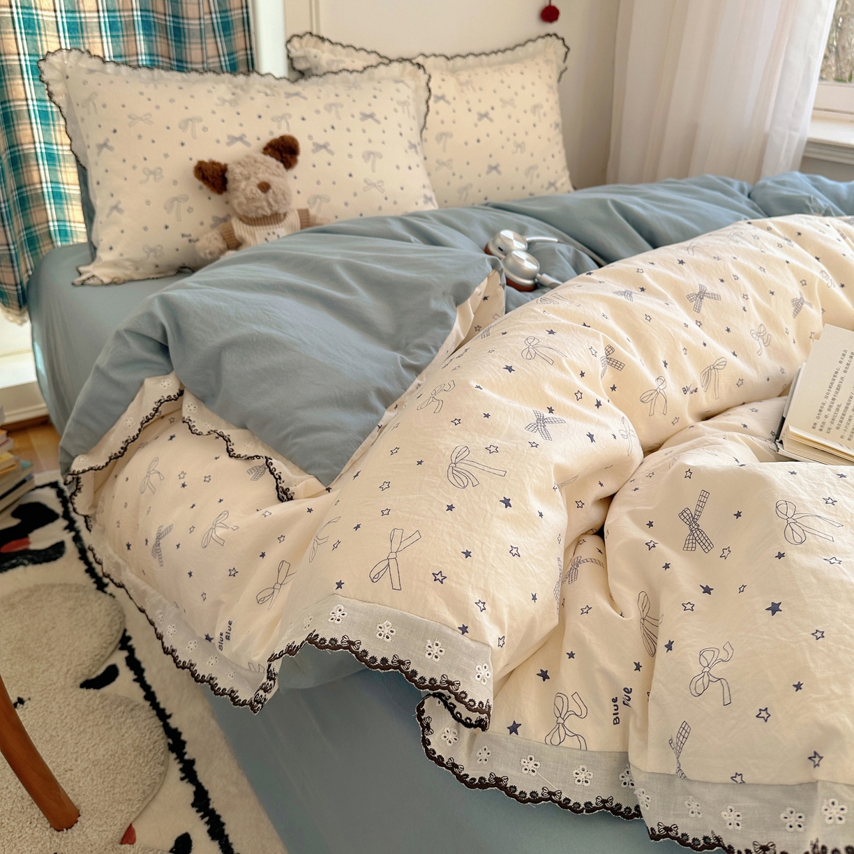 91家纺网 家纺一手货源 找家纺 凯洛奇 2026新款仿棉古法水洗棉复古法式花边四件套 蝴蝶结