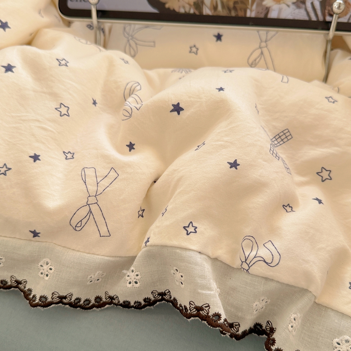 91家纺网 家纺一手货源 找家纺 凯洛奇 2026新款仿棉古法水洗棉复古法式花边四件套 蝴蝶结