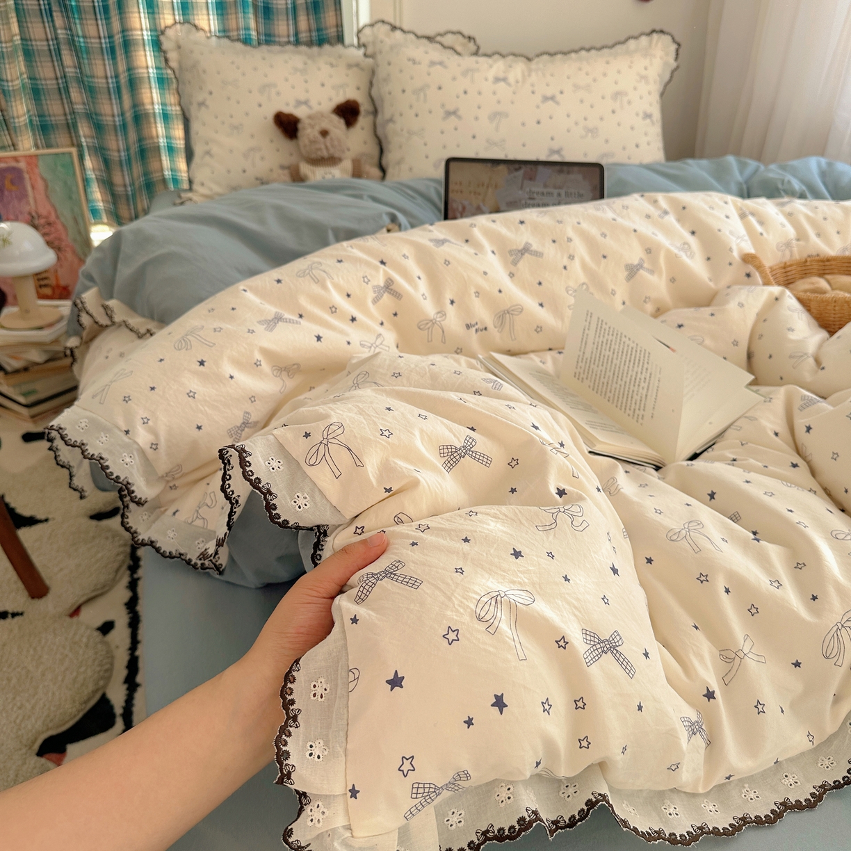 91家纺网 家纺一手货源 找家纺 凯洛奇 2026新款仿棉古法水洗棉复古法式花边四件套 蝴蝶结