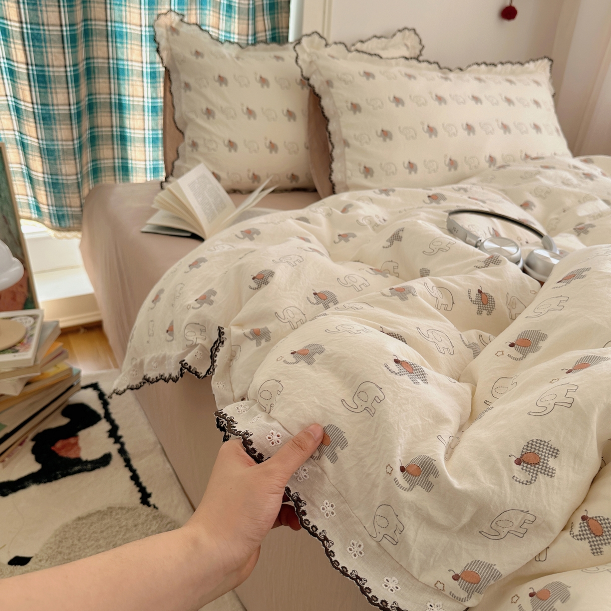 91家纺网 家纺一手货源 找家纺 凯洛奇 2026新款仿棉古法水洗棉复古法式花边四件套 萌趣象