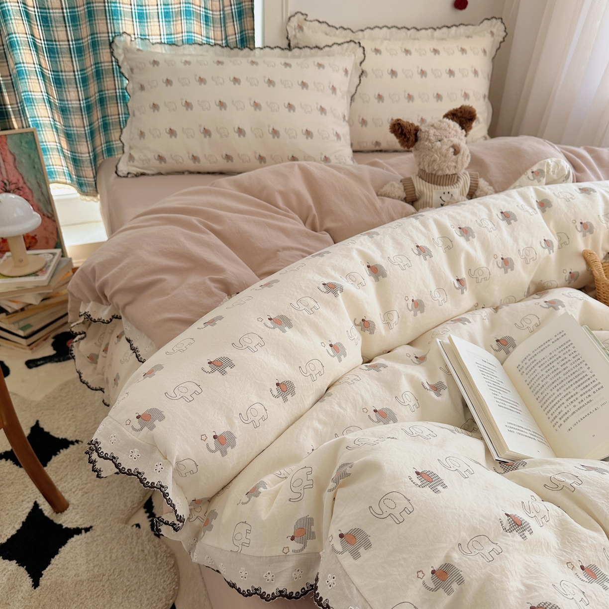 91家纺网 家纺一手货源 找家纺 凯洛奇 2026新款仿棉古法水洗棉复古法式花边四件套 萌趣象