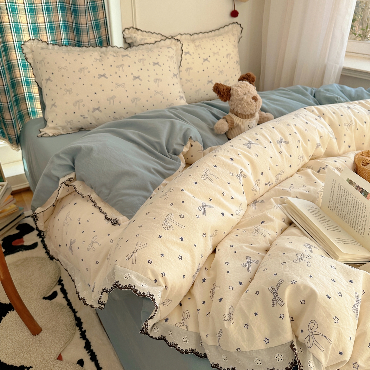 91家纺网 家纺一手货源 找家纺 凯洛奇 2026新款仿棉古法水洗棉复古法式花边四件套 蝴蝶结