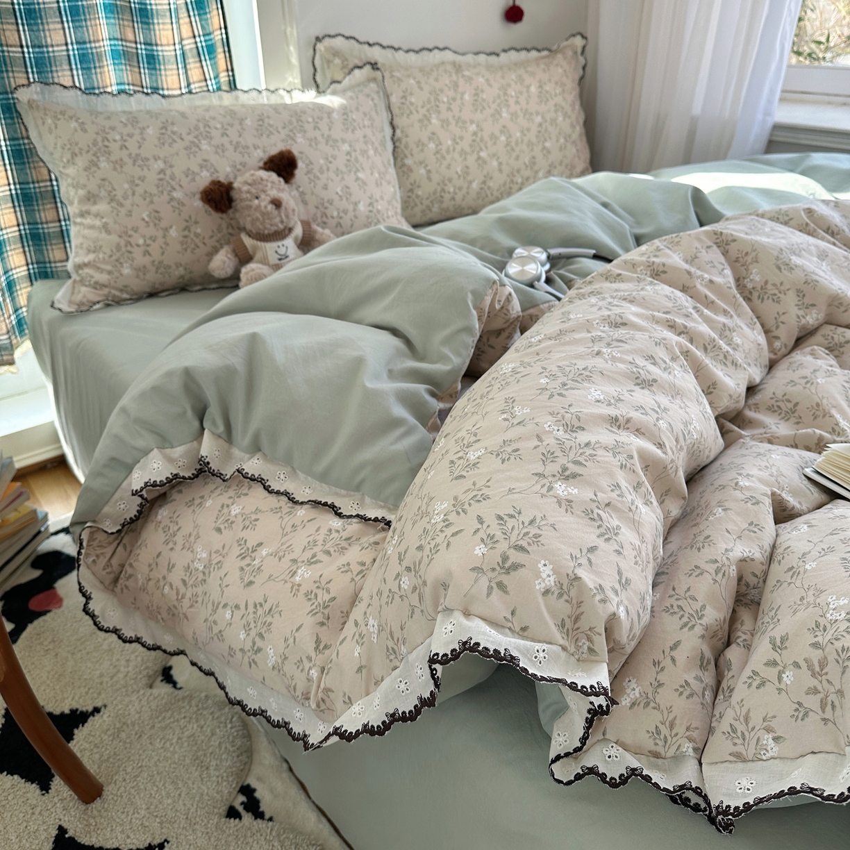 91家纺网 家纺一手货源 找家纺 凯洛奇 2026新款仿棉古法水洗棉复古法式花边四件套 春风里