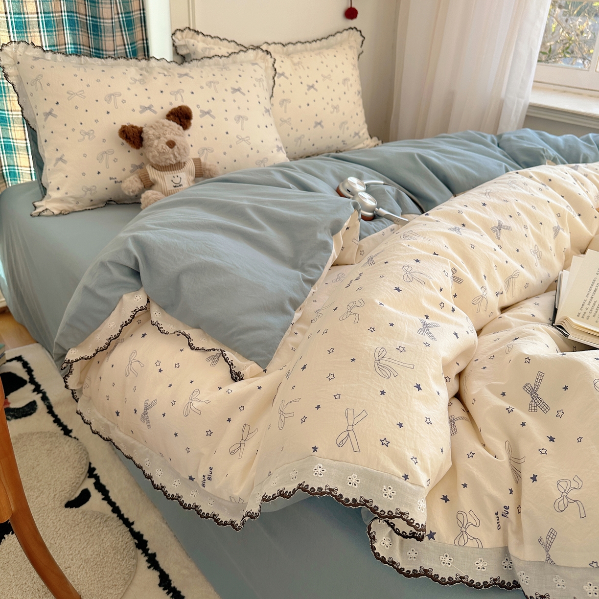 91家纺网 家纺一手货源 找家纺 凯洛奇 2026新款仿棉古法水洗棉复古法式花边四件套 蝴蝶结