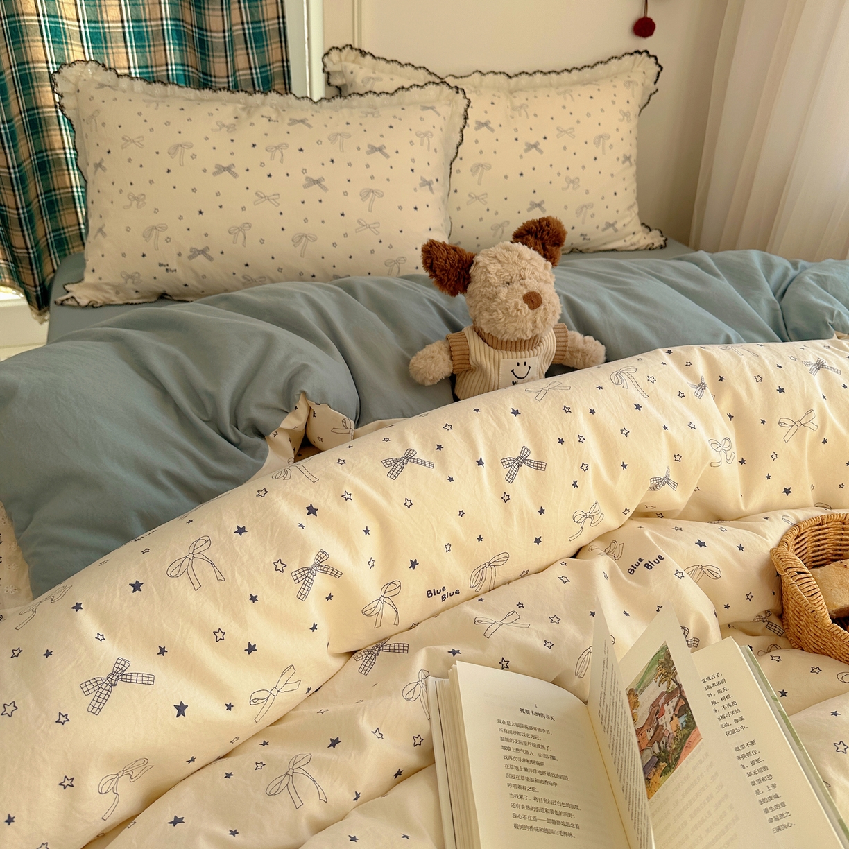 91家纺网 家纺一手货源 找家纺 凯洛奇 2026新款仿棉古法水洗棉复古法式花边四件套 蝴蝶结