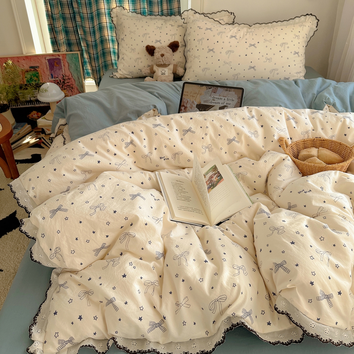 91家纺网 家纺一手货源 找家纺 凯洛奇 2026新款仿棉古法水洗棉复古法式花边四件套 蝴蝶结