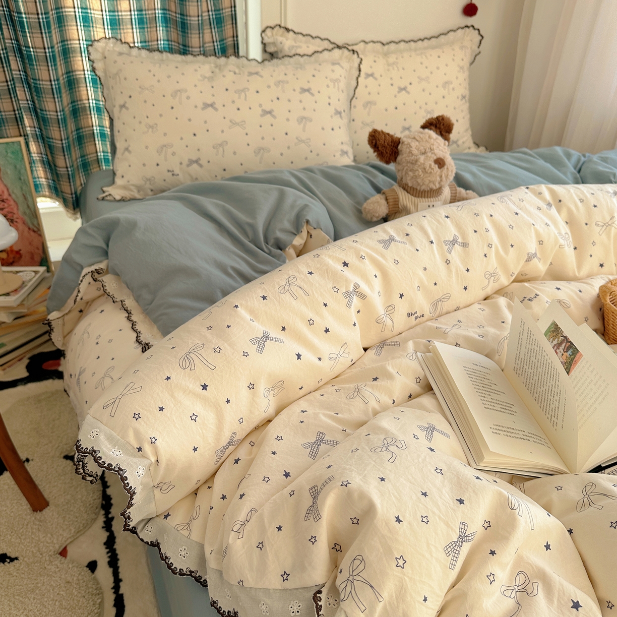 91家纺网 家纺一手货源 找家纺 凯洛奇 2026新款仿棉古法水洗棉复古法式花边四件套 蝴蝶结