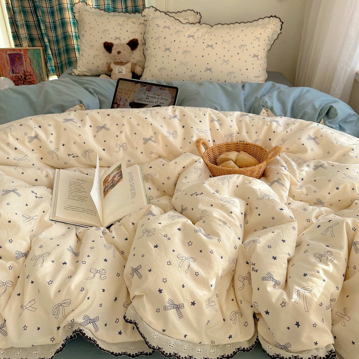 91家纺网 家纺一手货源 找家纺 凯洛奇 2026新款仿棉古法水洗棉复古法式花边四件套 蝴蝶结