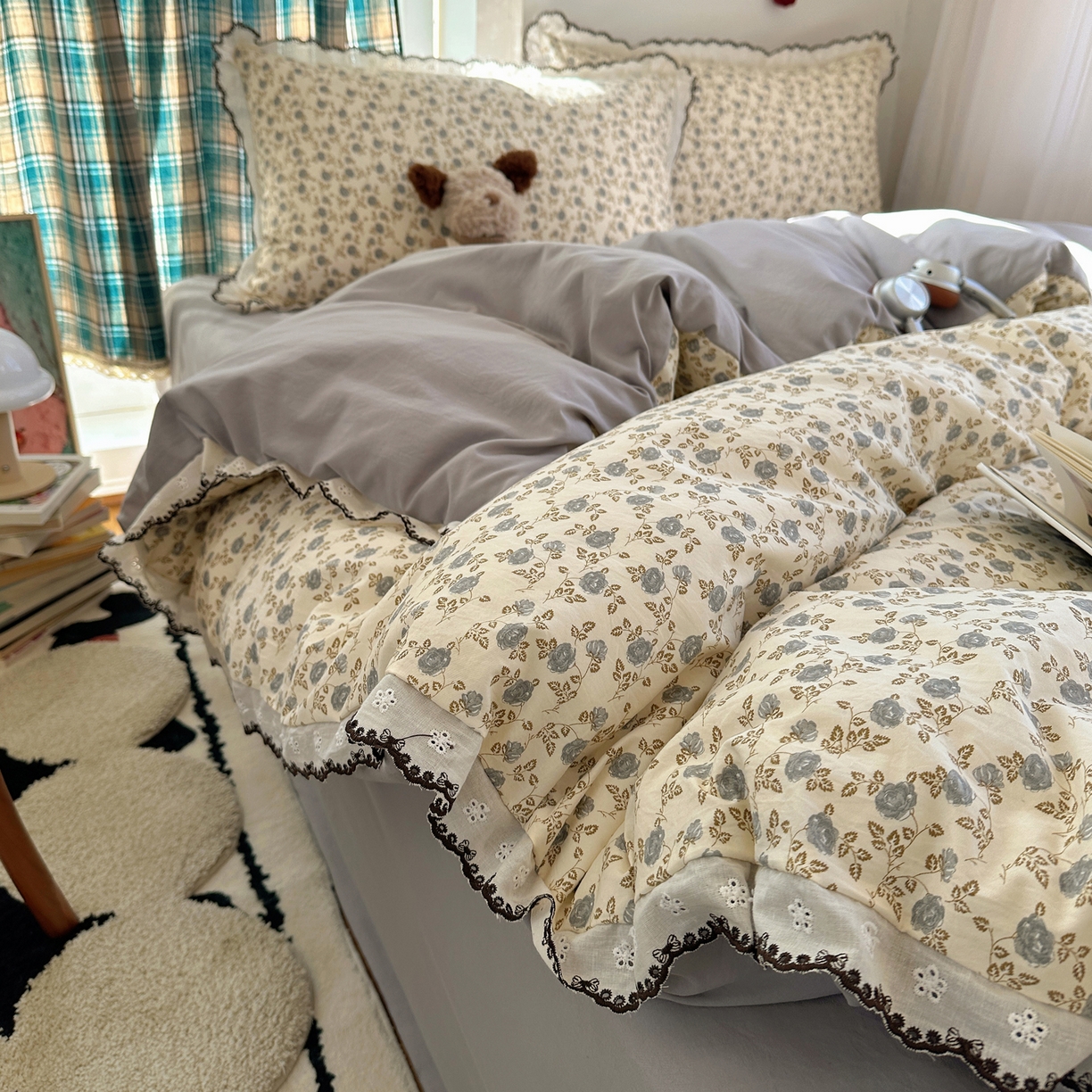 91家纺网 家纺一手货源 找家纺 凯洛奇 2026新款仿棉古法水洗棉复古法式花边四件套 花春晓