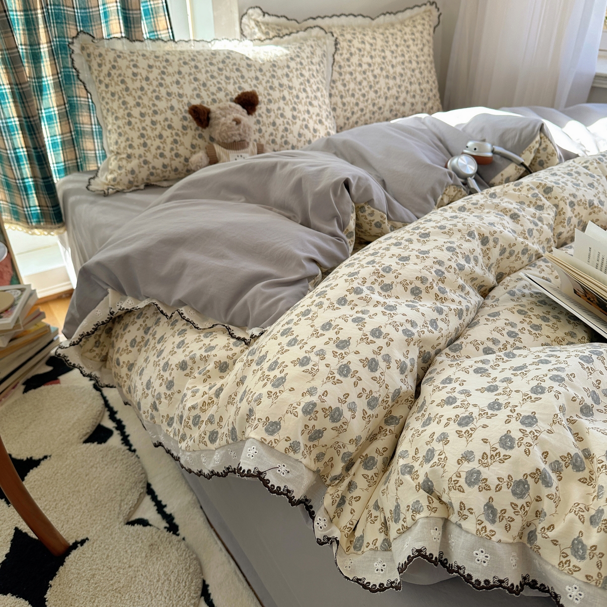 91家纺网 家纺一手货源 找家纺 凯洛奇 2026新款仿棉古法水洗棉复古法式花边四件套 花春晓