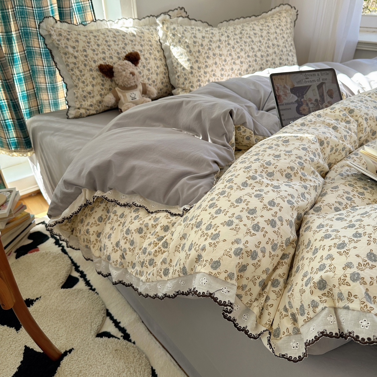 91家纺网 家纺一手货源 找家纺 凯洛奇 2026新款仿棉古法水洗棉复古法式花边四件套 花春晓