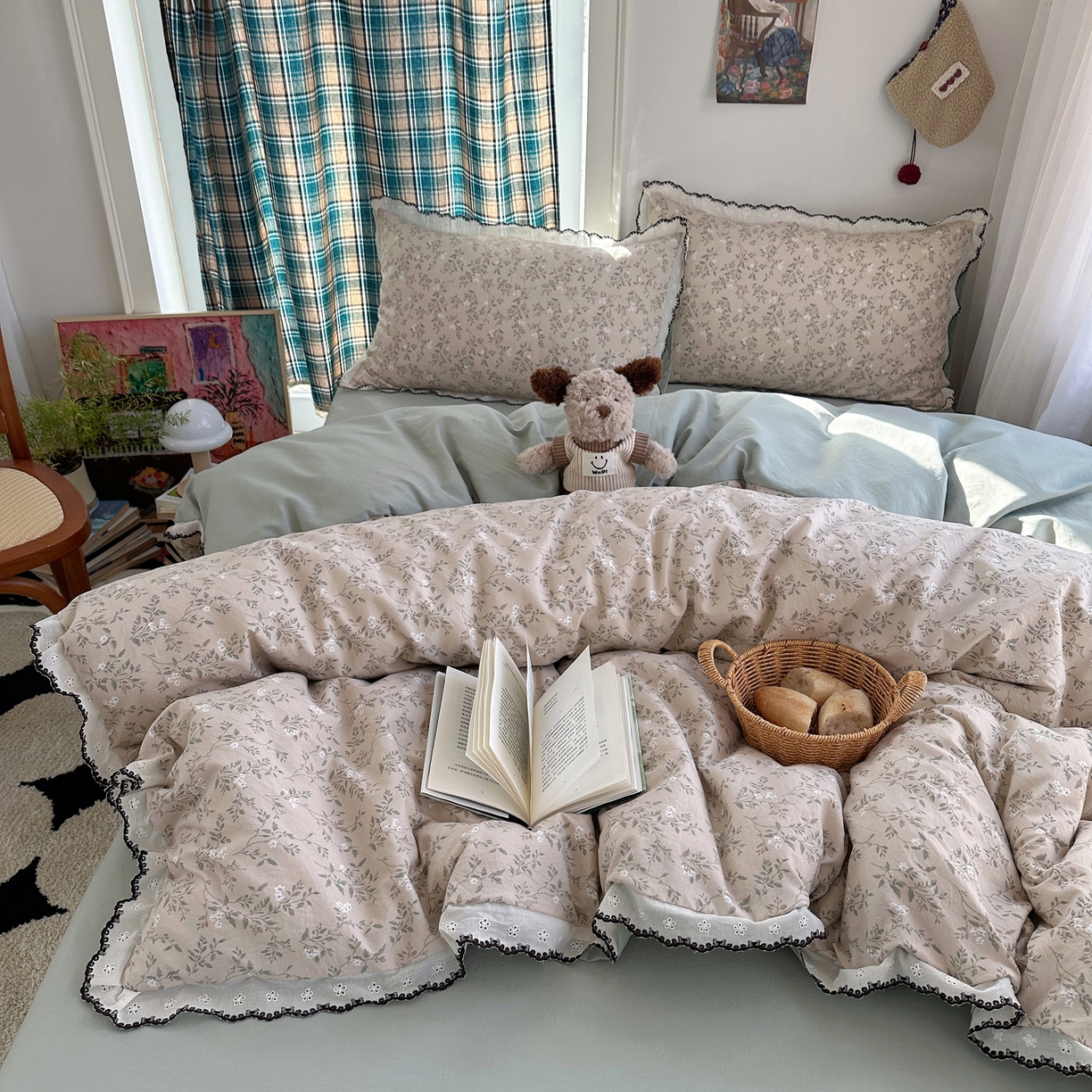 91家纺网 家纺一手货源 找家纺 凯洛奇 2026新款仿棉古法水洗棉复古法式花边四件套 春风里