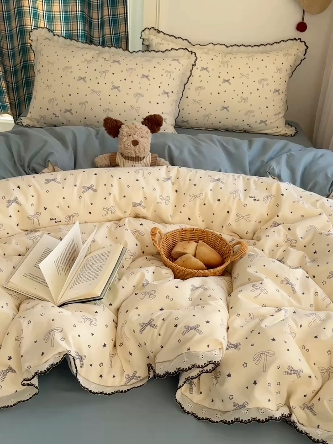 91家纺网 家纺一手货源 找家纺 凯洛奇 2026新款仿棉古法水洗棉复古法式花边四件套 蝴蝶结