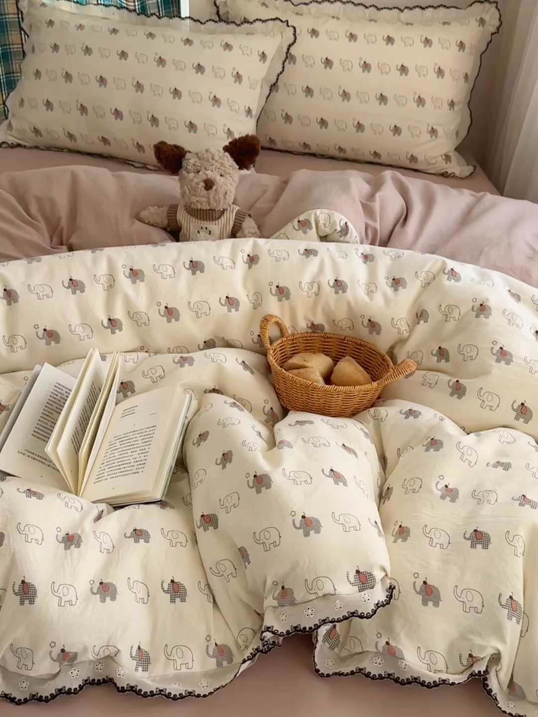 91家纺网 家纺一手货源 找家纺 凯洛奇 2026新款仿棉古法水洗棉复古法式花边四件套 萌趣象