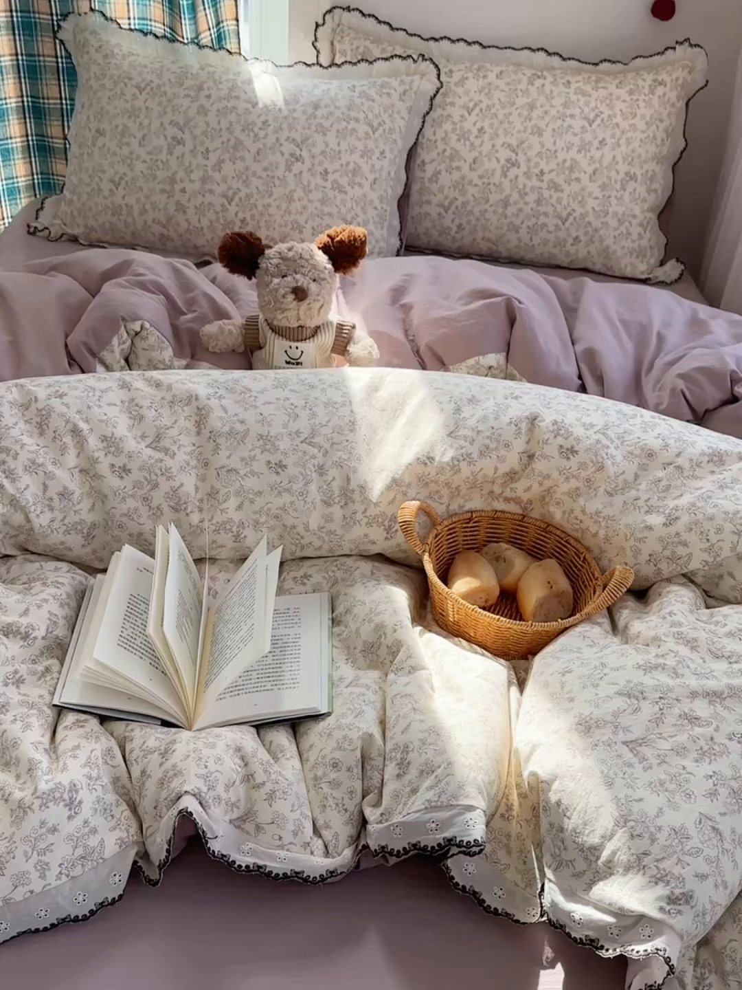 91家纺网 家纺一手货源 找家纺 凯洛奇 2026新款仿棉古法水洗棉复古法式花边四件套 紫铃兰