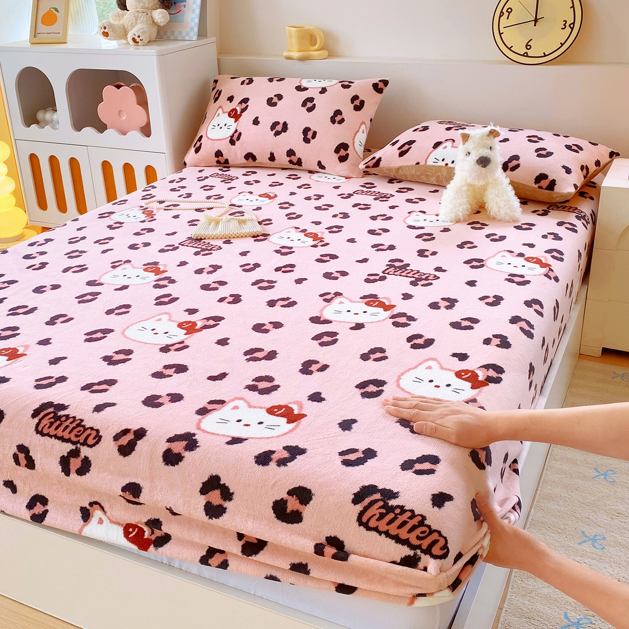 葡萄家 2025年新款新增花型牛奶绒印花单床笠萌系卡通单品床笠床笠单件 豹纹猫粉