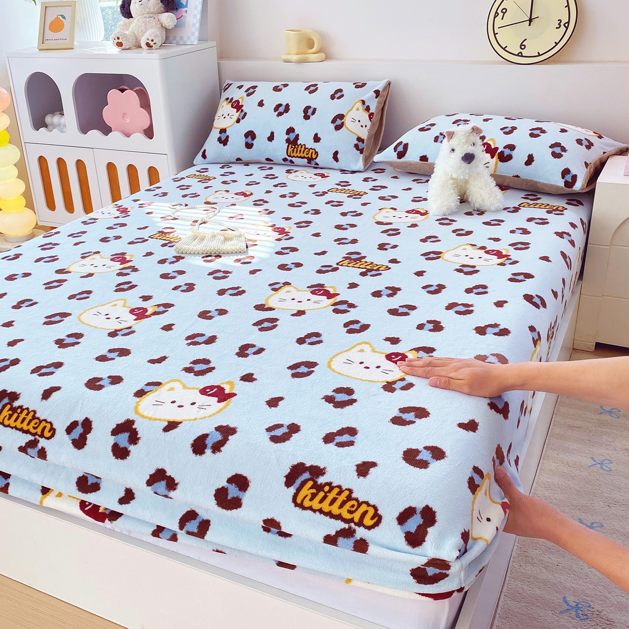 葡萄家 2025年新款新增花型牛奶绒印花单床笠萌系卡通单品床笠床笠单件 豹纹猫蓝