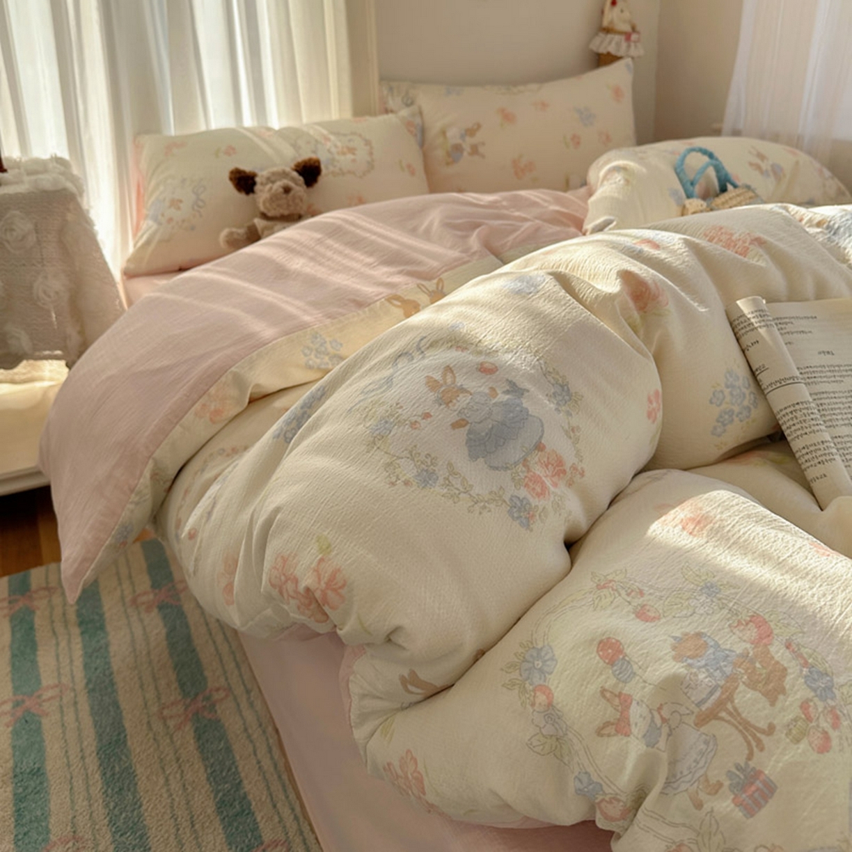 91家纺网 家纺一手货源 找家纺 贝扬思家纺 2025新款敲可爱的奶呼呼云感双层纱简约四件套系列-超级治愈~ 镜子里的兔