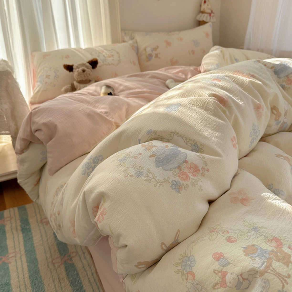 91家纺网 家纺一手货源 找家纺 贝扬思家纺 2025新款敲可爱的奶呼呼云感双层纱简约四件套系列-超级治愈~ 镜子里的兔