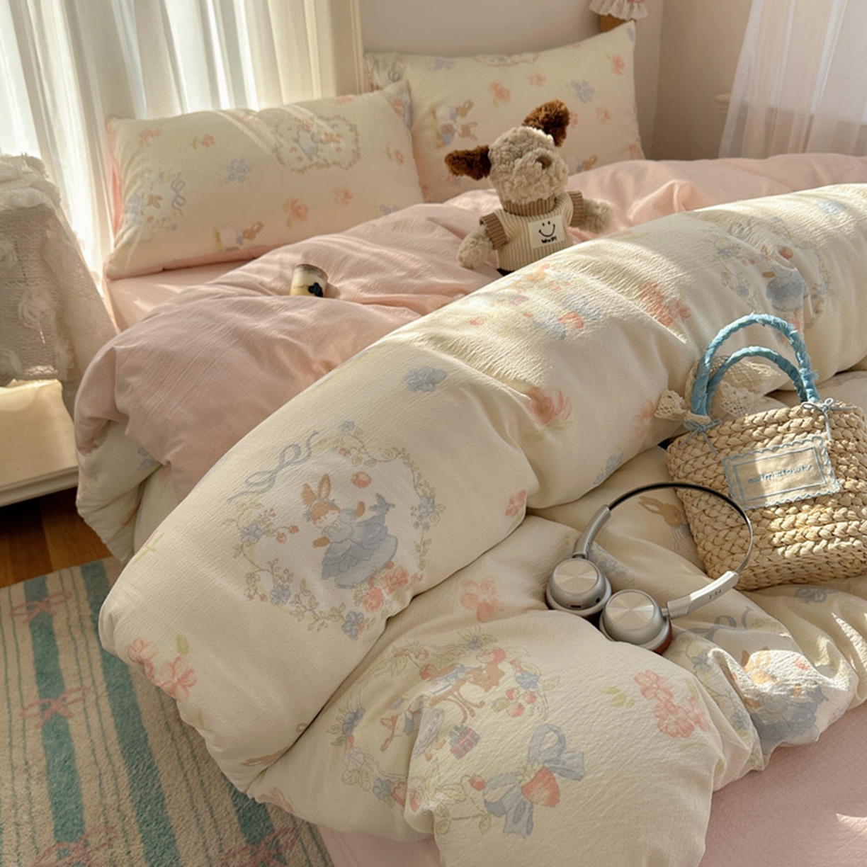 91家纺网 家纺一手货源 找家纺 贝扬思家纺 2025新款敲可爱的奶呼呼云感双层纱简约四件套系列-超级治愈~ 镜子里的兔