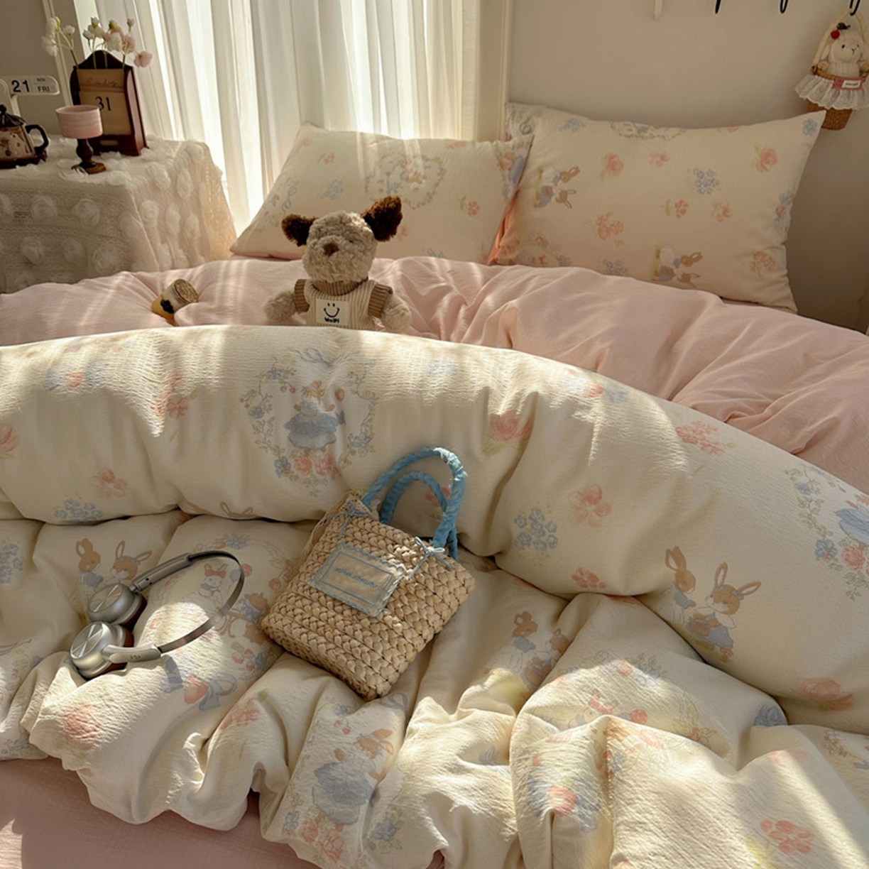91家纺网 家纺一手货源 找家纺 贝扬思家纺 2025新款敲可爱的奶呼呼云感双层纱简约四件套系列-超级治愈~ 镜子里的兔