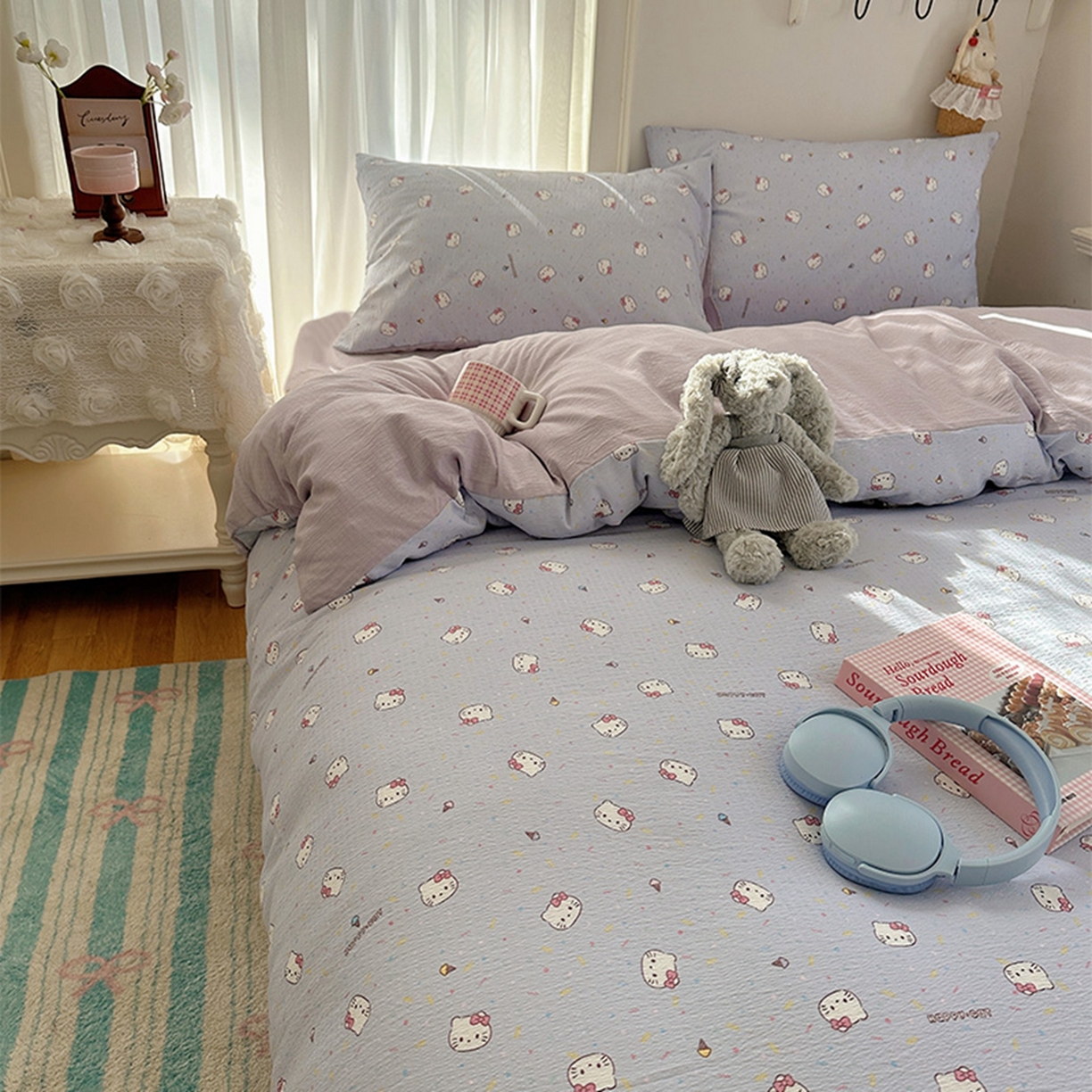 91家纺网 家纺一手货源 找家纺 贝扬思家纺 2025新款敲可爱的奶呼呼云感双层纱简约四件套系列-超级治愈~ 蓝莓奶糖