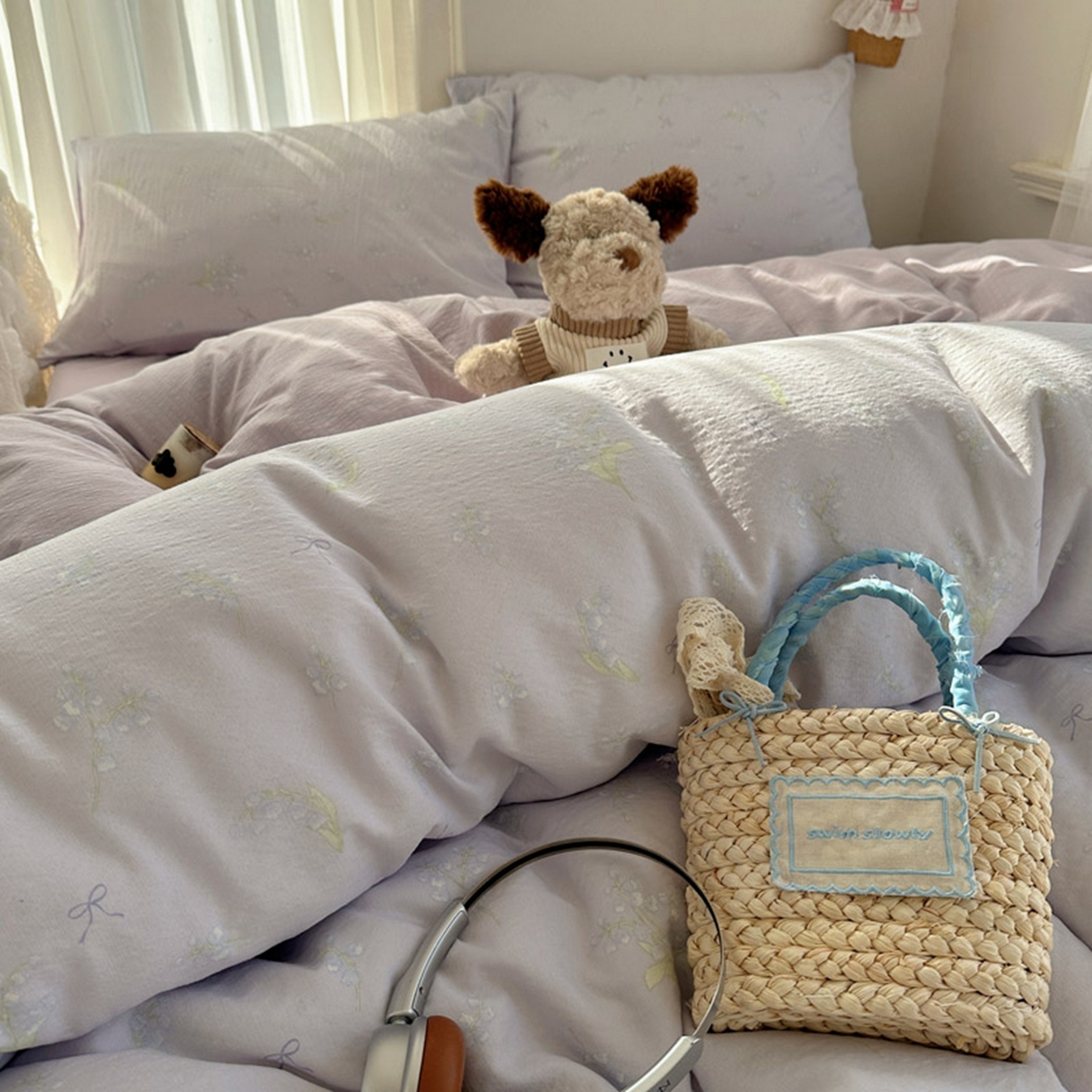 91家纺网 家纺一手货源 找家纺 贝扬思家纺 2025新款敲可爱的奶呼呼云感双层纱简约四件套系列-超级治愈~ 铃兰结