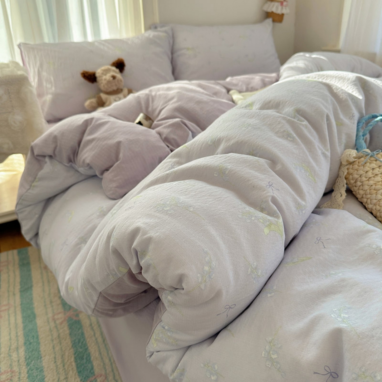 91家纺网 家纺一手货源 找家纺 贝扬思家纺 2025新款敲可爱的奶呼呼云感双层纱简约四件套系列-超级治愈~ 铃兰结