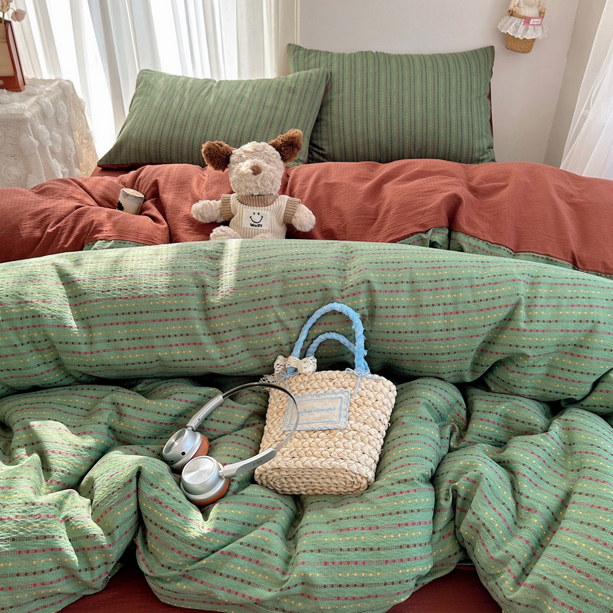 91家纺网 家纺一手货源 找家纺 贝扬思家纺 2025新款敲可爱的奶呼呼云感双层纱简约四件套系列-超级治愈~ 六子棋-绿