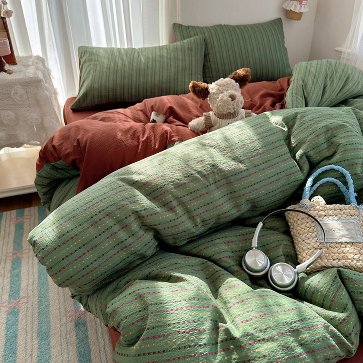 91家纺网 家纺一手货源 找家纺 贝扬思家纺 2025新款敲可爱的奶呼呼云感双层纱简约四件套系列-超级治愈~ 六子棋-绿