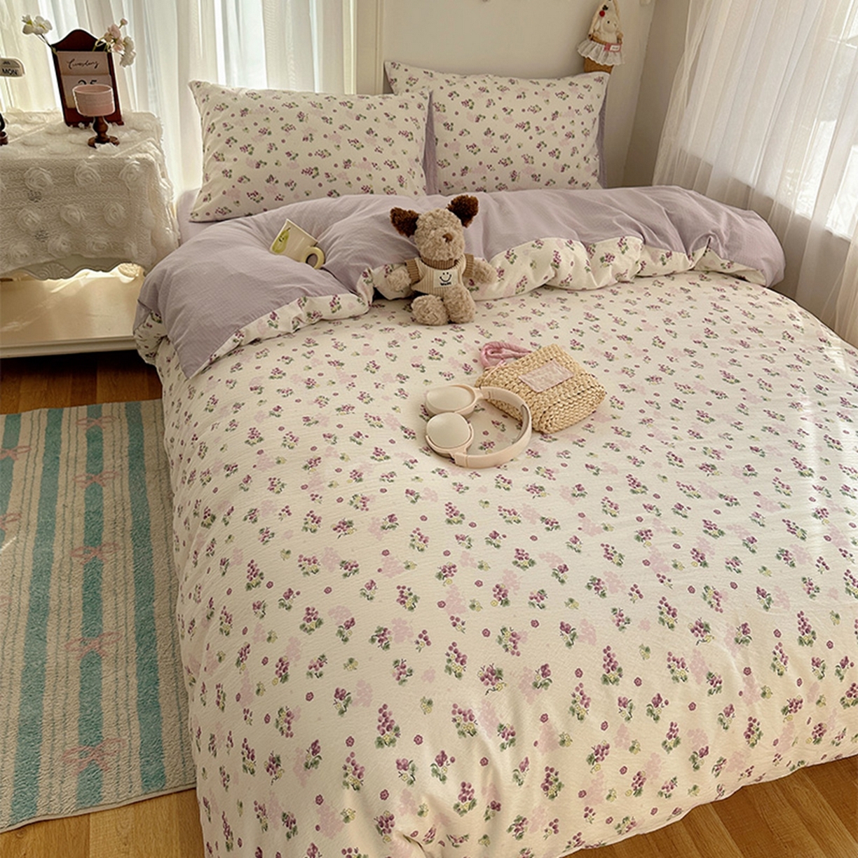 91家纺网 家纺一手货源 找家纺 贝扬思家纺 2025新款敲可爱的奶呼呼云感双层纱简约四件套系列-超级治愈~ 葡萄多多