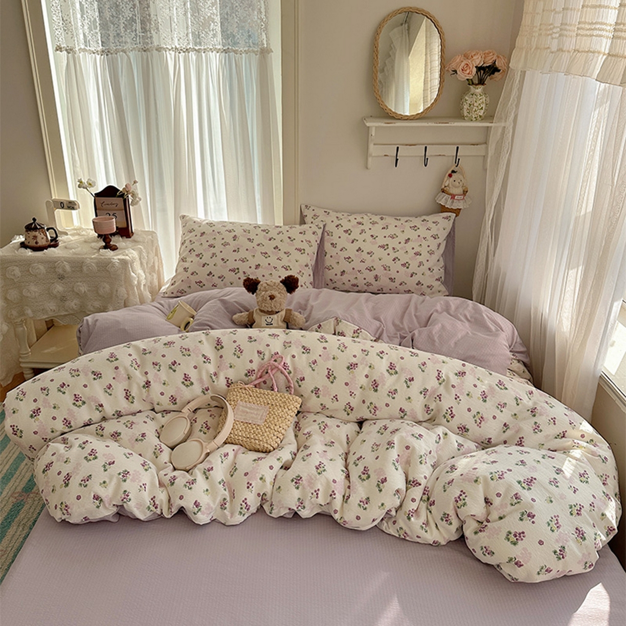 91家纺网 家纺一手货源 找家纺 贝扬思家纺 2025新款敲可爱的奶呼呼云感双层纱简约四件套系列-超级治愈~ 葡萄多多