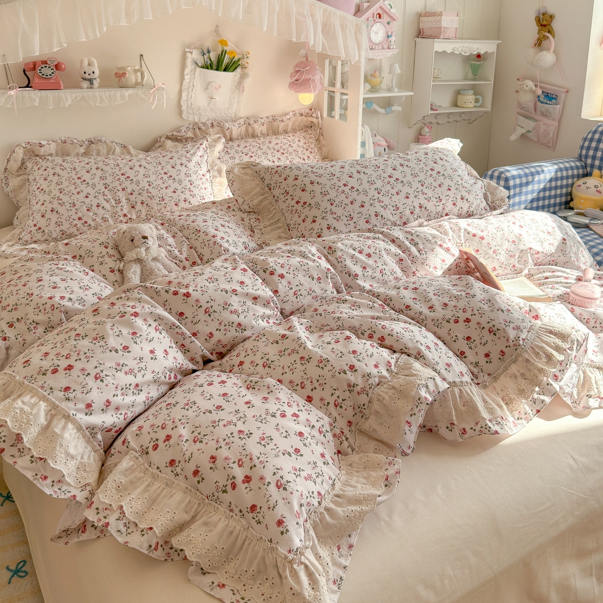 91家纺网 家纺一手货源 找家纺 （总）锦彩家居 2026新款全棉数码印花小碎花花边款三件套四件套INS小红书博主风（提供买家秀）