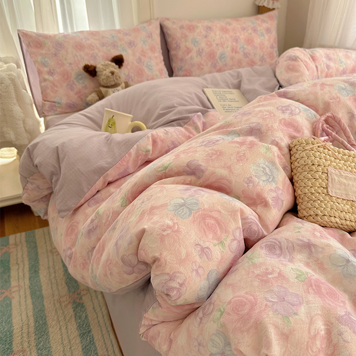 91家纺网 家纺一手货源 找家纺 贝扬思家纺 2025新款敲可爱的奶呼呼云感双层纱简约四件套系列-超级治愈~ 烟紫