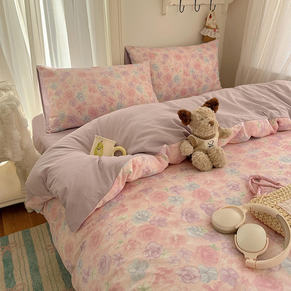 91家纺网 家纺一手货源 找家纺 贝扬思家纺 2025新款敲可爱的奶呼呼云感双层纱简约四件套系列-超级治愈~ 烟紫