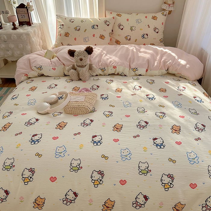 91家纺网 家纺一手货源 找家纺 星禾优选 2025新款全新热款敲可爱的奶呼呼云感双层纱简约四件套系列（提供买家秀） 像素小猫