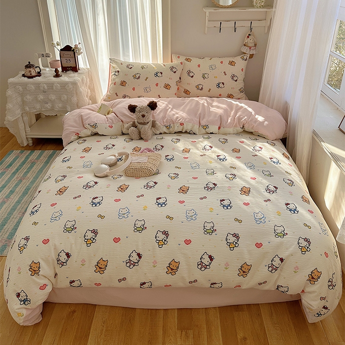 91家纺网 家纺一手货源 找家纺 星禾优选 2025新款全新热款敲可爱的奶呼呼云感双层纱简约四件套系列（提供买家秀） 像素小猫